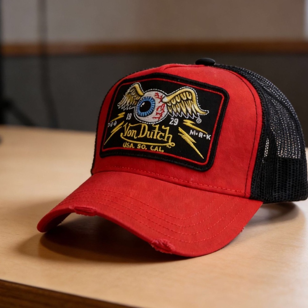 Von Dutch Red and Black Trucker Hat with Winged Eyeball Patch